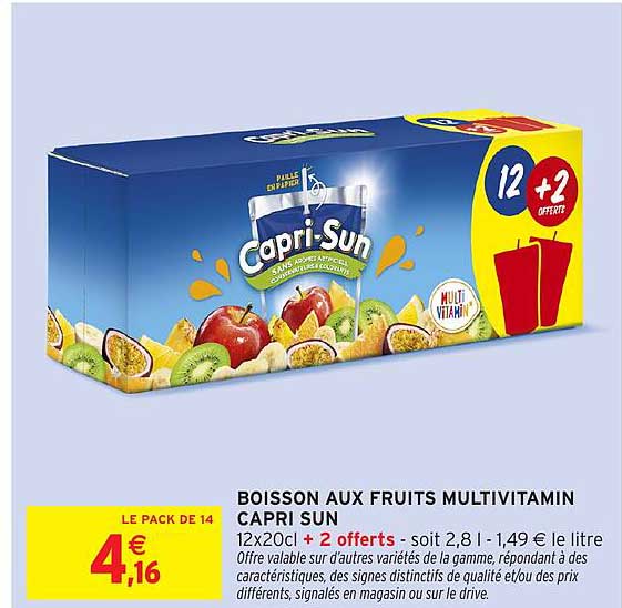 BOISSON AUX FRUITS MULTIVITAMIN CAPRI SUN 12x20cl + 2 offerts