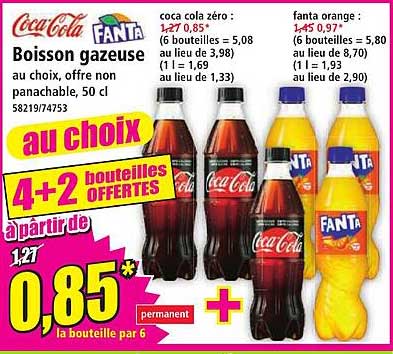 Boisson gazeuse au choix, offre non panachable. 50 cl