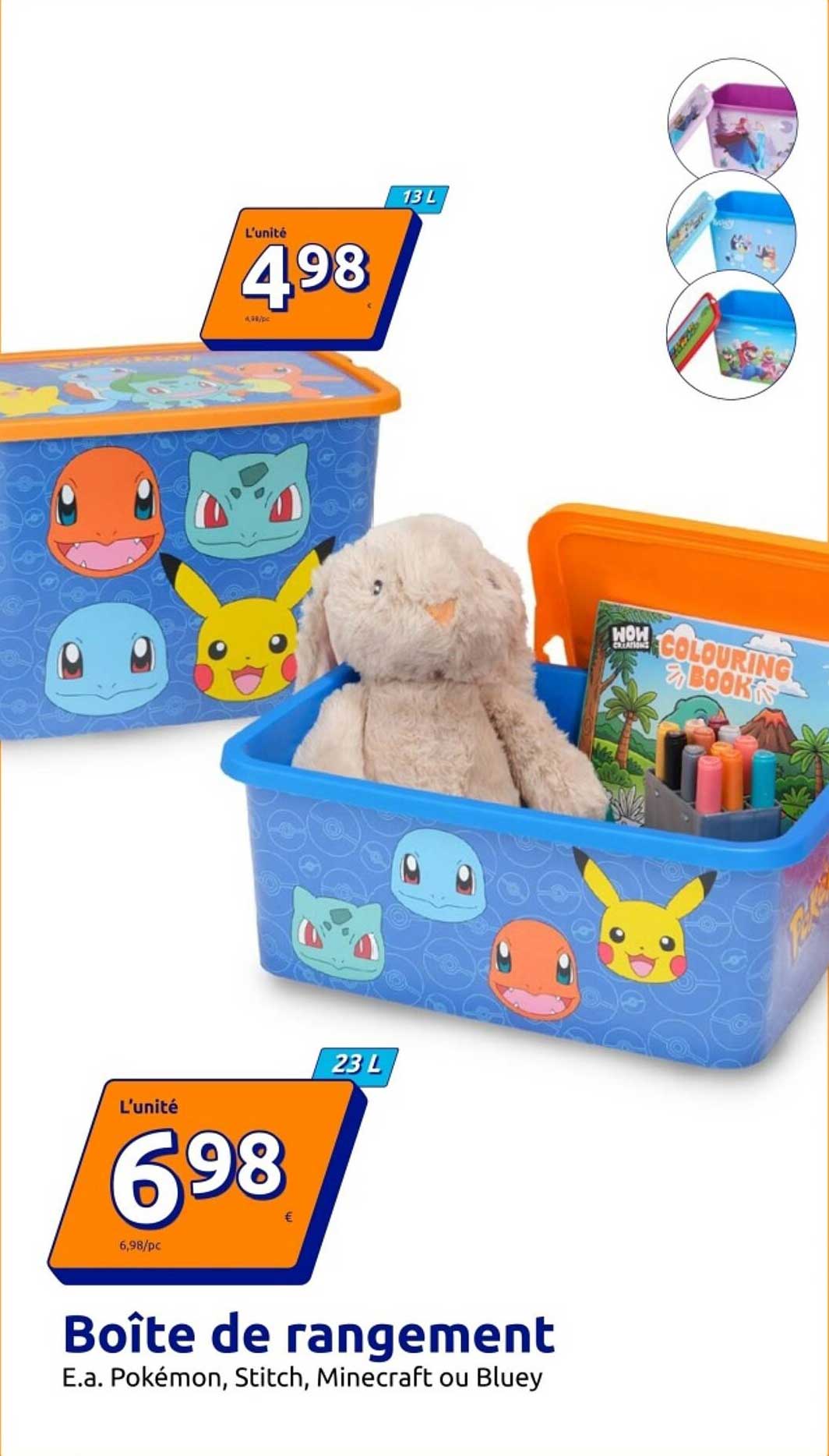 Boîte de rangement E.a. Pokémon, Stitch, Minecraft ou Bluey