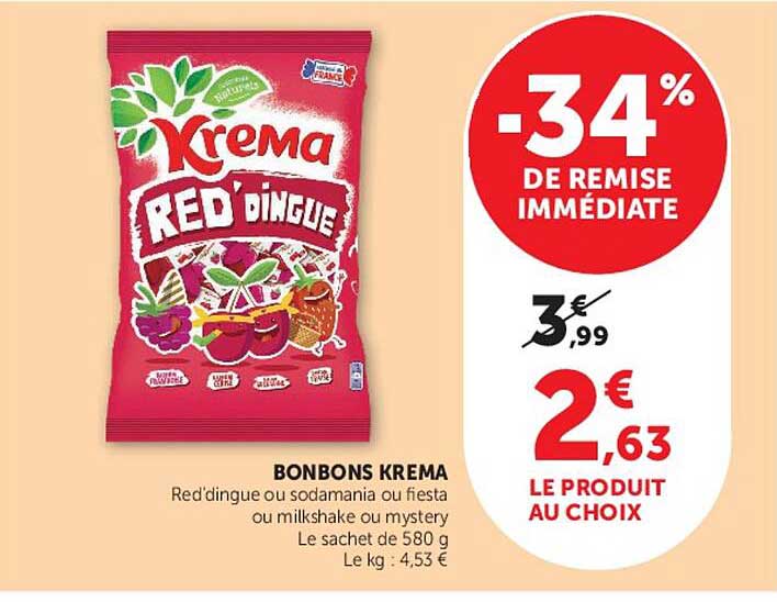BONBONS KREMA Red'dingue ou sodamania ou fiesta ou milkshake ou mystery Le sachet de 580 g