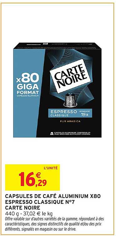 CAPSULES DE CAFÉ ALUMINIUM X80 ESPRESSO CLASSIQUE N°7 CARTE NOIRE