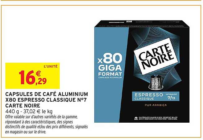 CAPSULES DE CAFÉ ALUMINIUM X80 ESPRESSO CLASSIQUE N°7 CARTE NOIRE