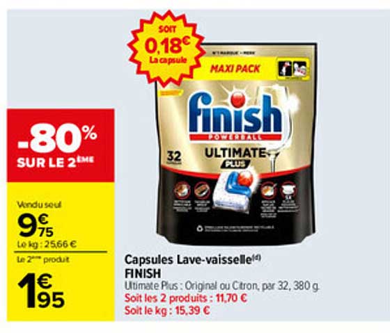 Capsules Lave-vaisselle(4) FINISH Ultimate Plus : Original ou Citron, par 32, 380 g