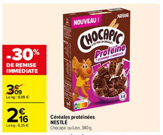 Céréales protéinées NESTLÉ Chocapic ou Lion, 340 g