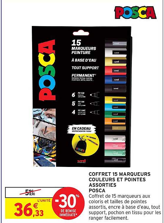 COFFRET 15 MARQUEURS COULEURS ET POINTES ASSORTIES POSCA