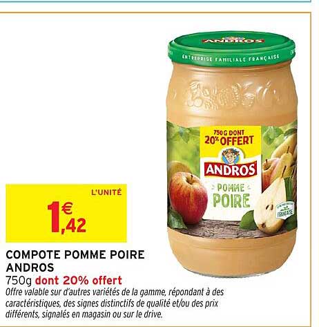 COMPOTE POMME POIRE ANDROS 750g dont 20% offert
