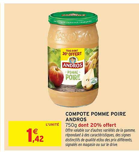 COMPOTE POMME POIRE ANDROS 750g dont 20% offert