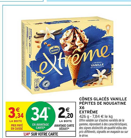 CÔNES GLACÉS VANILLE PÉPITES DE NOUGATINE X6 EXTRÊME