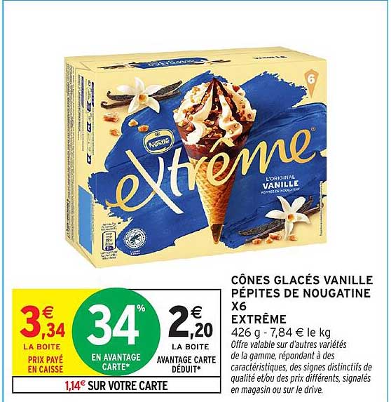 CÔNES GLACÉS VANILLE PÉPITES DE NOUGATINE X6 EXTRÊME