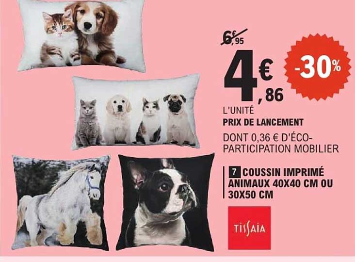 COUSSIN IMPRIMÉ ANIMAUX 40X40 CM OU 30X50 CM