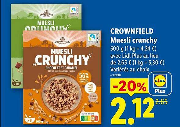 CROWNFIELD Muesli crunchy 500 g (1 kg = 4,24 €) avec Lidl Plus au lieu de 2,65 € (1 kg = 5,30 €) Variétés au choix n°71987