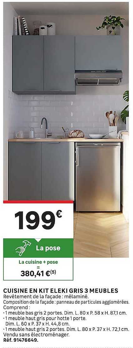 CUISINE EN KIT ELEKI GRIS 3 MEUBLES