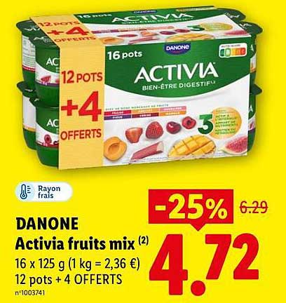 DANONE Activia fruits mix (2) 16 x 125 g (1 kg = 2,36 €) 12 pots + 4 OFFERTS