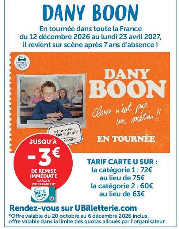 DANY BOON En tournée dans toute la France du 12 décembre 2026 au lundi 23 avril 2027 il revient sur scène après 7 ans d’absence !