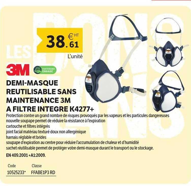 DEMI-MASQUE REUTILISABLE SANS MAINTENANCE 3M A FILTRE INTEGRE K4277+
