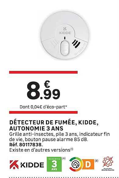 DÉTECTEUR DE FUMÉE, KIDDE, AUTONOMIE 3 ANS