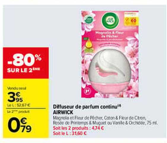 Diffuseur de parfum continu AIRWICK Magnolia et Fleur de Pêcher, Coton & Fleur de Citron, Rosée de Printemps & Muguet ou Vanille & Orchidée, 75 ml