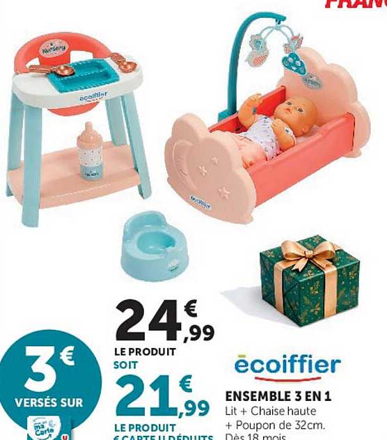ecoiffier ENSEMBLE 3 EN 1 Lit + Chaise haute + Poupon de 32cm.