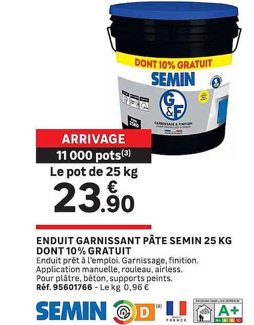 ENDUIT GARNISSANT PÂTE SEMIN 25 KG DONT 10% GRATUIT