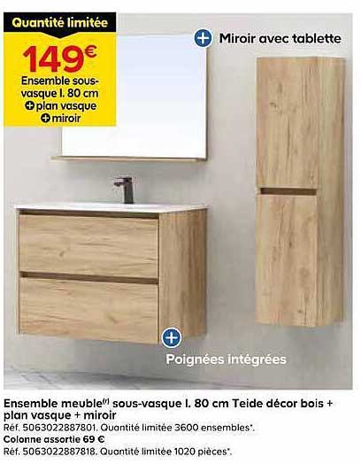 Ensemble meuble sous-vasque l. 80 cm Teide décor bois + plan vasque + miroir