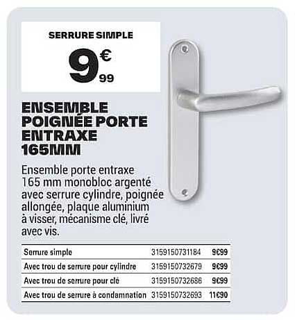 ENSEMBLE POIGNÉE PORTE ENTRAXE 165MM