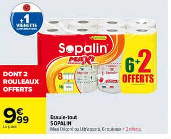 Essuie-tout SOPALIN Max Décoré ou UltraSoft, 6 rouleaux + 2 offerts