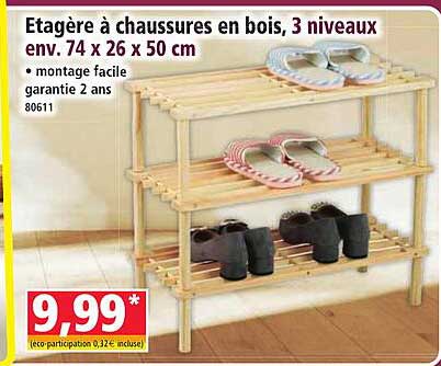 Etagère à chaussures en bois, 3 niveaux env. 74 x 26 x 50 cm