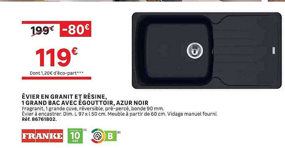 ÉVIER EN GRANIT ET RÉSINE, 1 GRAND BAC AVEC ÉGOUTTOIR, AZUR NOIR