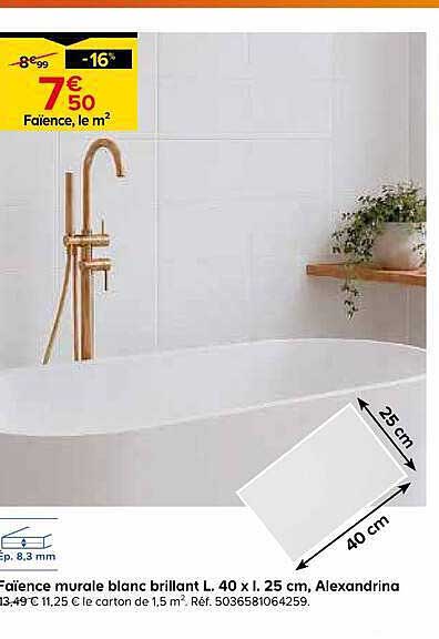 Faïence murale blanc brillant L. 40 x l. 25 cm, Alexandrina