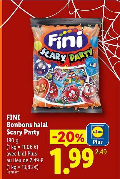 FINI Bonbons halal Scary Party 180 g (1 kg = 11,06 €) avec Lidl Plus au lieu de 2,49 € (1 kg = 13,83 €)