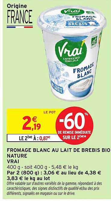 FROMAGE BLANC AU LAIT DE BREBIS BIO NATURE VRAI