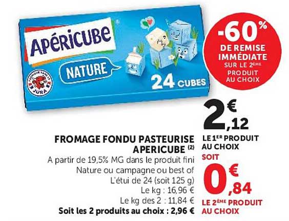 FROMAGE FONDU PASTEURISÉ APÉRICUBE NATURE 24 CUBES