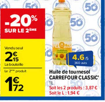 Huile de tournesol CARREFOUR CLASSIC' 1L