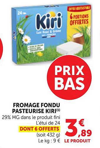 Kiri Fromage fondu pasteurisé 29% MG dans le produit fini