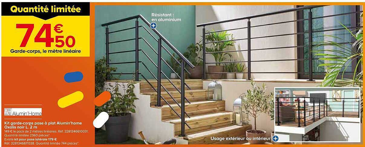 Kit garde-corps pose à plat Alumin'home Oxalis noir L. 2 m