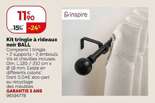 Kit tringle à rideaux noir BALL