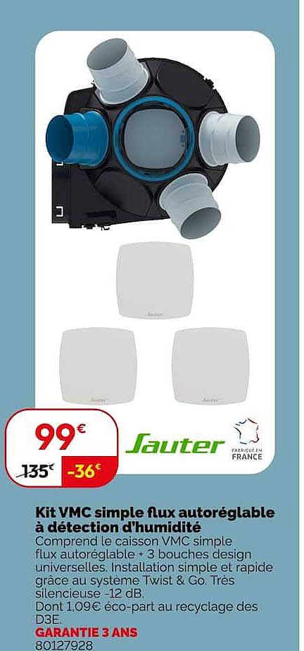Kit VMC simple flux autoréglable à détection d'humidité
