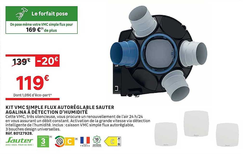 KIT VMC SIMPLE FLUX AUTORÉGLABLE SAUTER AGALINA À DÉTECTION D’HUMIDITÉ