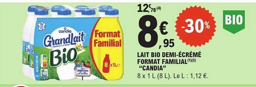 LAIT BIO DEMI-ÉCRÉMÉ FORMAT FAMILIAL "CANDIA"