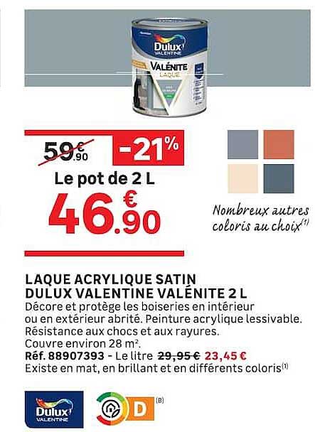 LAQUE ACRYLIQUE SATIN DULUX VALENTINE VALINTÉ 2L