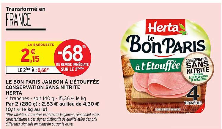 LE BON PARIS JAMBON A L'ETOUFFEE CONSERVATION SANS NITRITE HERTA
