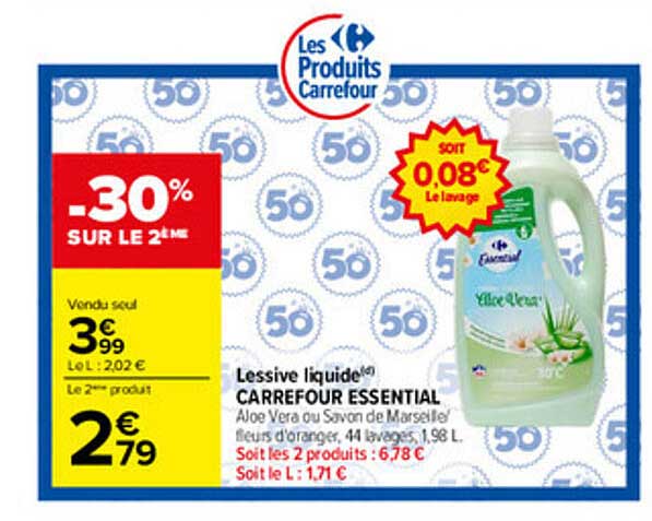 Lessive liquide CARREFOUR ESSENTIAL Aloe Vera ou Soin de Marseille fleurs d’oranger, 44 lavages, 1,98 L