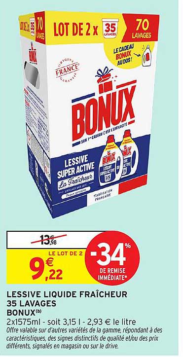 LESSIVE LIQUIDE FRAÎCHEUR 35 LAVAGES BONUS