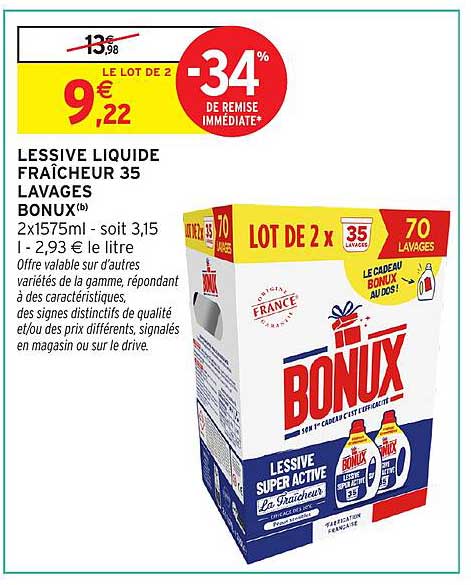LESSIVE LIQUIDE FRAÎCHEUR 35 LAVAGES BONUX(b) 2x1575ml - soit 3,15 l - 2,93 € le litre