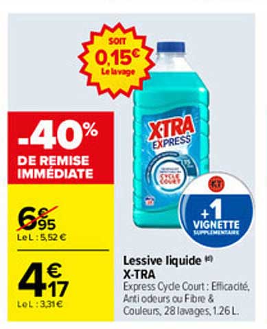 Lessive liquide X-TRA Express Cycle Court : Efficacité, Anti odeurs ou Fibré & Couleurs, 28 lavages, 1,26 L