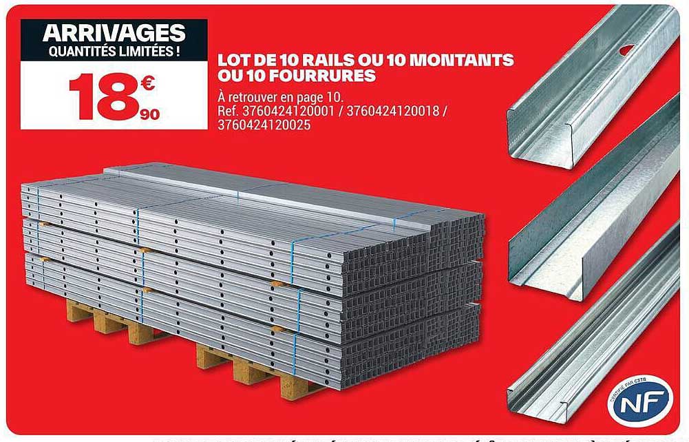 LOT DE 10 RAILS OU 10 MONTANTS OU 10 FOURRURES