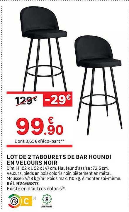 LOT DE 2 TABOURETS DE BAR HOUNDI EN VELOURS NOIR