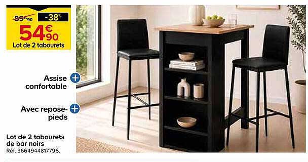 Lot de 2 tabourets de bar noirs