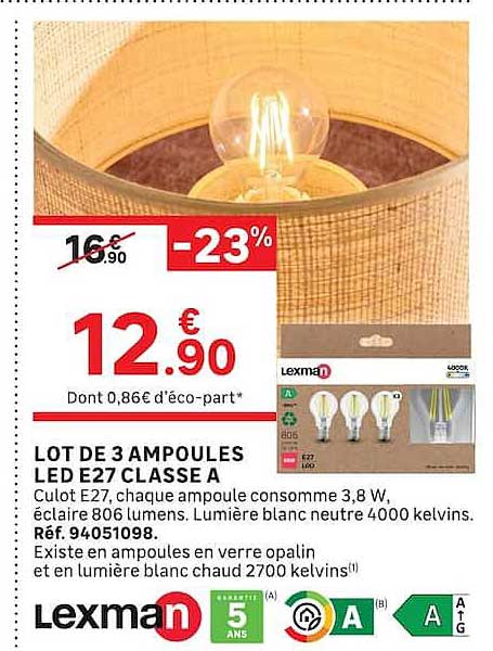 LOT DE 3 AMPOULES LED E27 CLASSE A