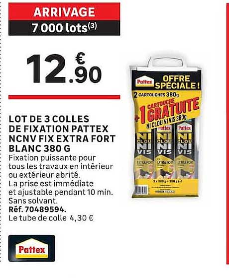 LOT DE 3 COLLES DE FIXATION PATTEX NCNV FIX EXTRA FORT BLANC 380 G